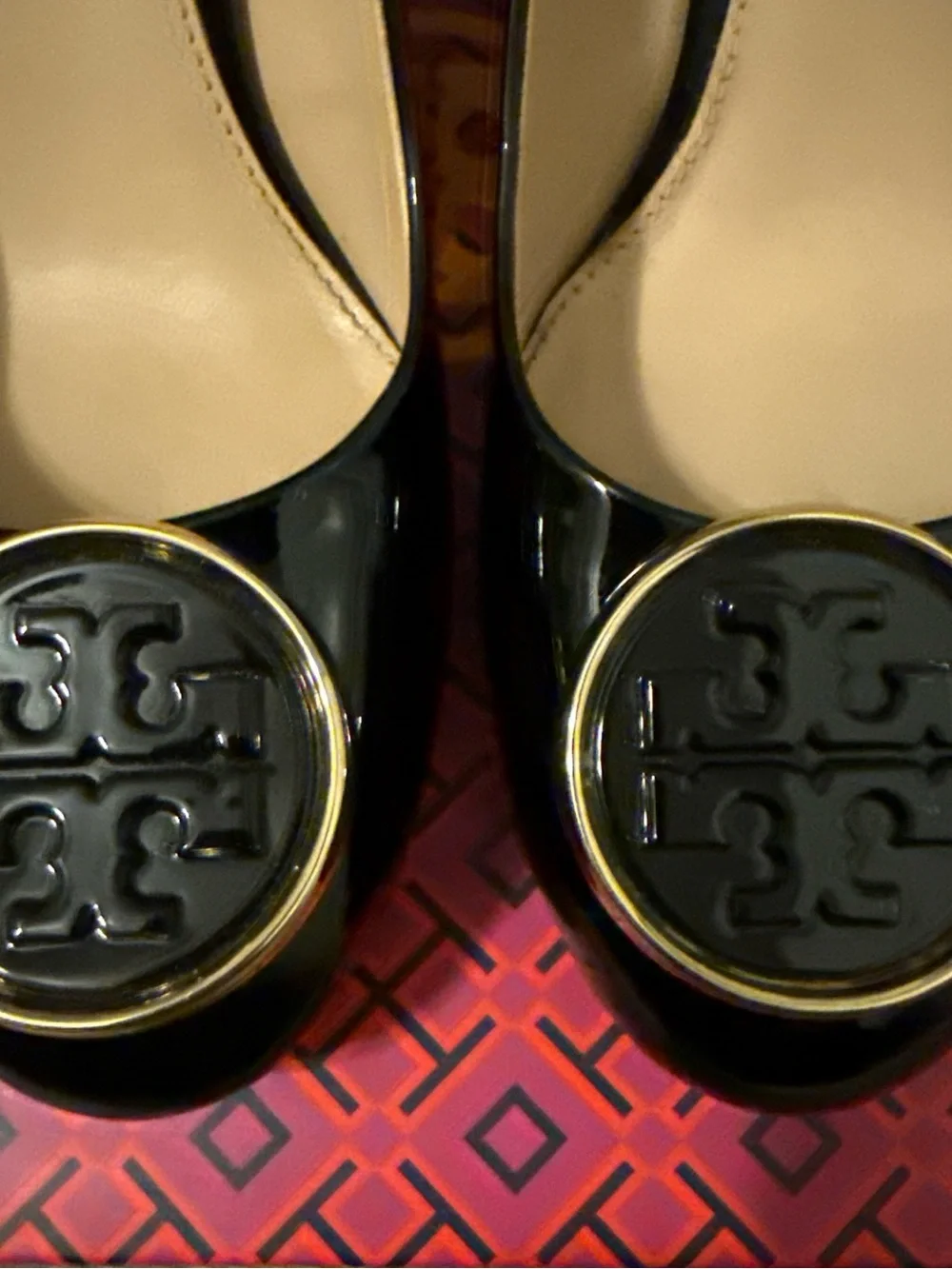 Tory Burch Black Patent Logo Round-Toe Heels with Gold Trim